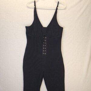 Forever 21 Jumpsuit Womens XL Black Lace Up Front Stretch Form Fitting